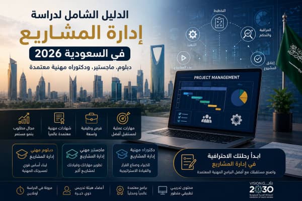 الدليل الشامل لدراسة إدارة المشاريع في السعودية 2026 - مسارات الدبلوم والماجستير والدكتوراه المهنية وشهادات PMP الاحترافية
