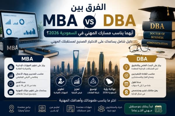 الفرق بين MBA و DBA في السعودية 2026 - مقارنة شاملة بين ماجستير إدارة الأعمال ودكتوراه إدارة الأعمال لاختيار المسار المهني المناسب