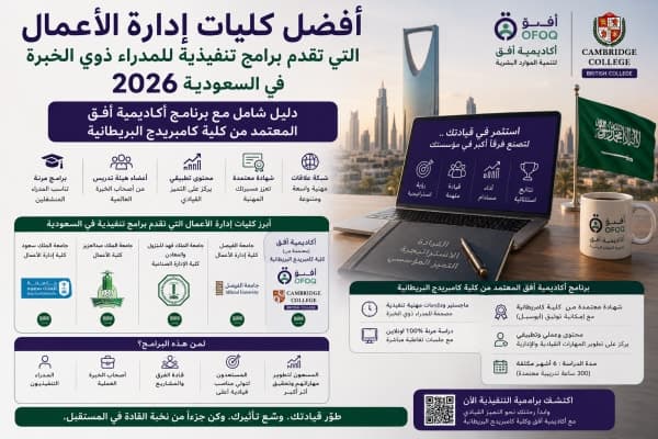 أفضل كليات إدارة الأعمال التي تقدم برامج تنفيذية للمدراء ذوي الخبرة في السعودية 2026 - دليل شامل مع برنامج أكاديمية أفق المعتمد من كلية كامبريدج البريطانية